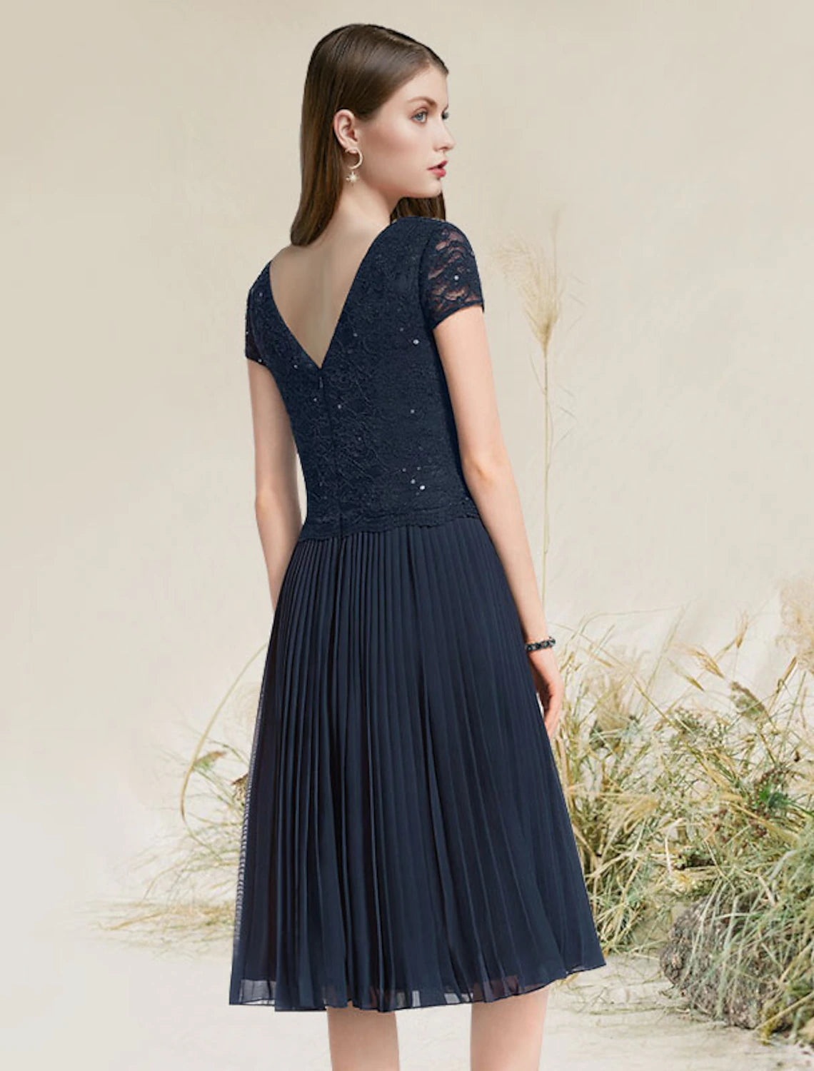 Wholesale A-Line Cocktail Dresses Flirty Dress Homecoming Wedding Guest Tea Length Short Sleeve Jewel Neck Chiffon with Pleats